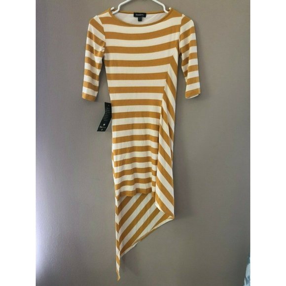 bebe Yellow Striped 3/4 Sleeve Asymmetric Dress - Picture 1 of 3